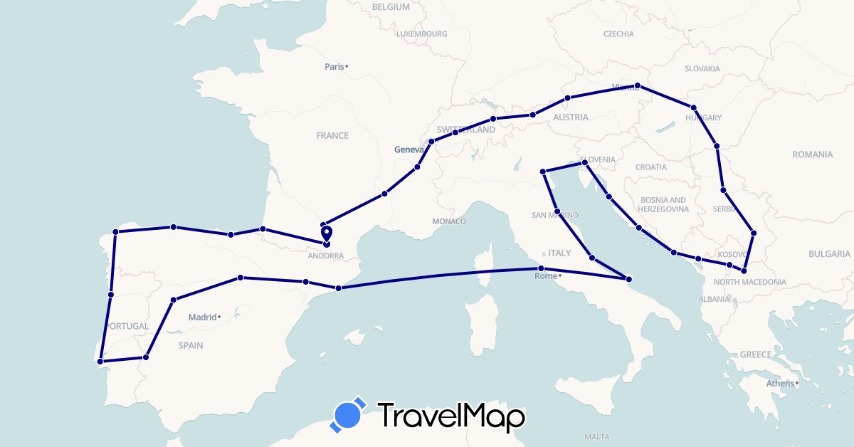 TravelMap itinerary: driving in Austria, Switzerland, Spain, France, Croatia, Hungary, Italy, Liechtenstein, Montenegro, Macedonia, Portugal, Serbia, Slovenia (Europe)